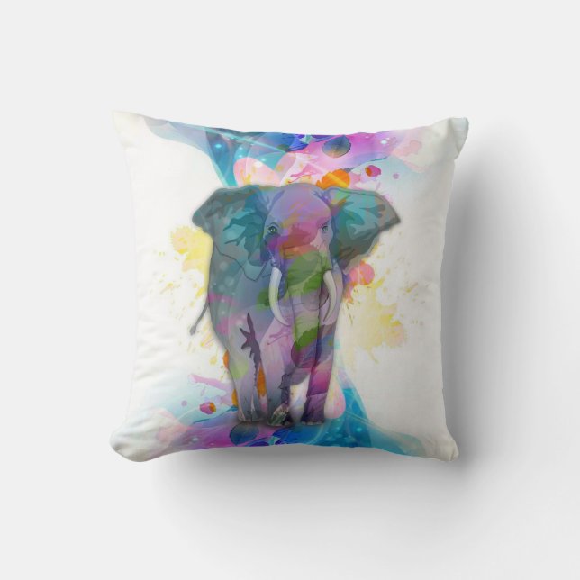 cute colourful watercolours splatters elephant cushion (Front)