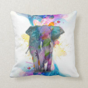 cute colourful watercolours splatters elephant cushion