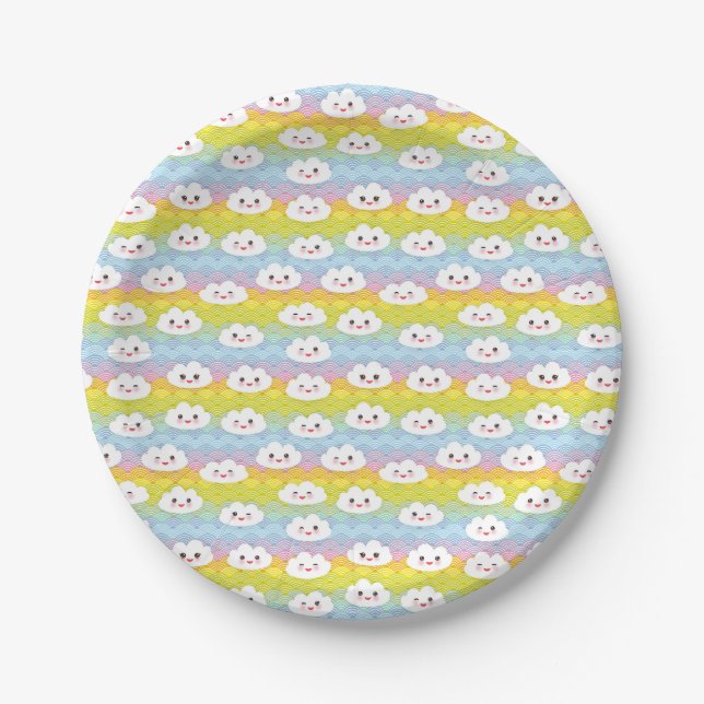 Cute Colourful Waves Emoji  Kawaii Clouds Paper Plate (Front)