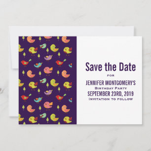 Cute Colourful Whimsical Birds Pattern Birthday Save The Date