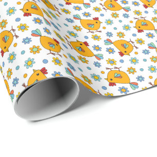 Cute colourful, whimsical chicken and flowers wrapping paper