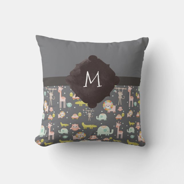 Cute Colourful Wild Animals Nursery Art Monogram Cushion (Front)
