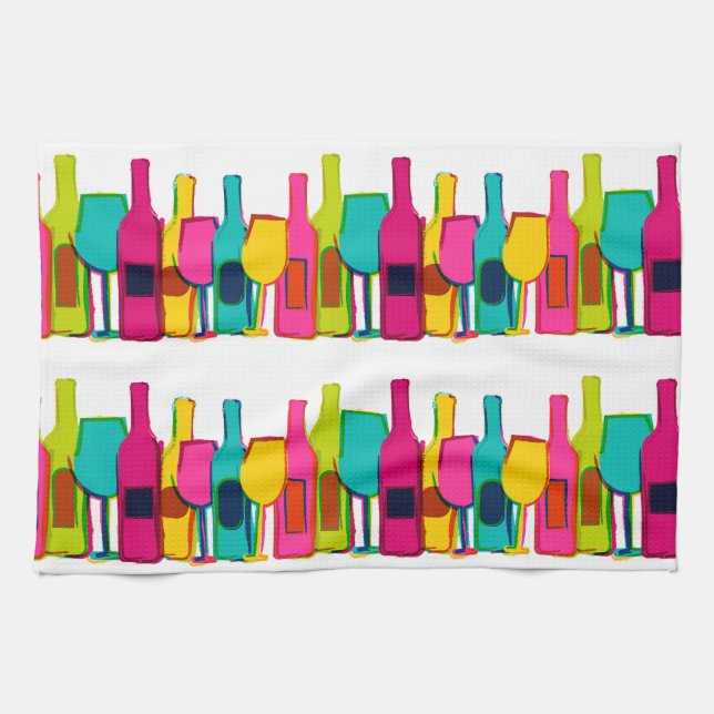 Cute colourful wine bottles pattern tea towel (Horizontal)