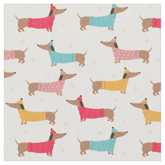 Cute Colourful Winter Dachshund Dog Pattern Fabric (Close Up)