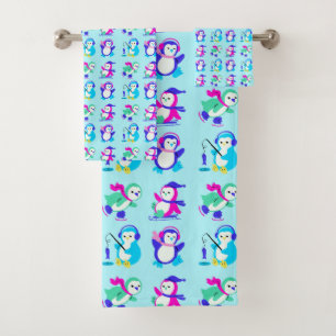 Cute Colourful Winter Penguins Bath Towel Set