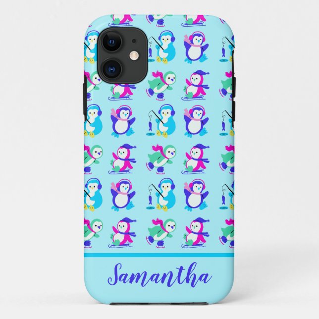 Cute Colourful Winter Penguins Personalised Case-Mate iPhone Case (Back)