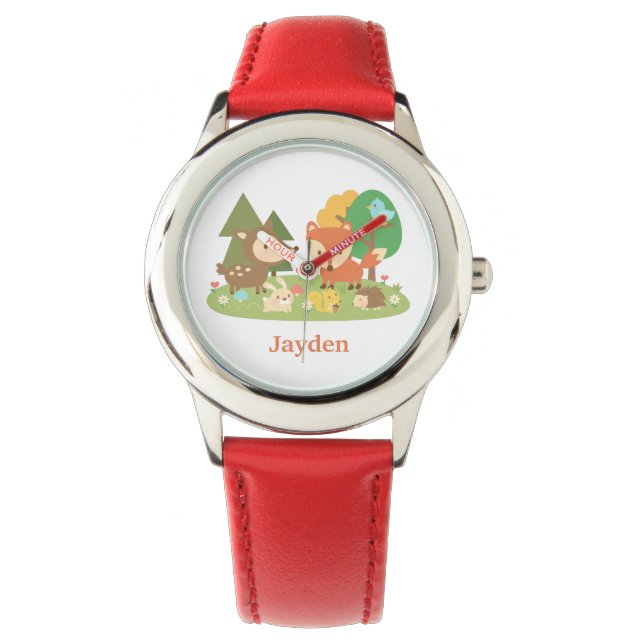 Cute Colourful Woodland Animal Kids Personalised Watch (Front)