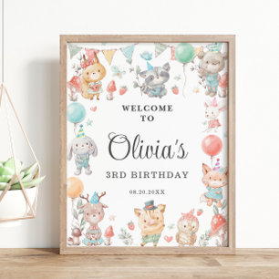 Cute Colourful Woodland Animals Birthday Party  Poster