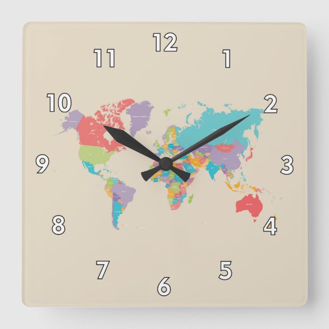Cute & Colourful World Map Square Wall Clock (Front)