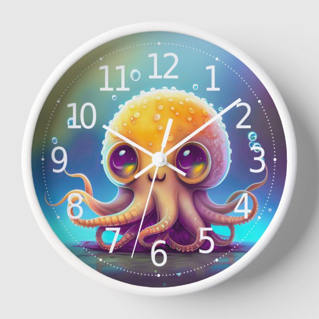 Cute Colourful Yellow Octopus Alien Artwork | Clock (Front)
