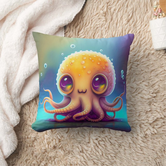 Cute Colourful Yellow Octopus Alien Artwork | Cushion (Blanket)