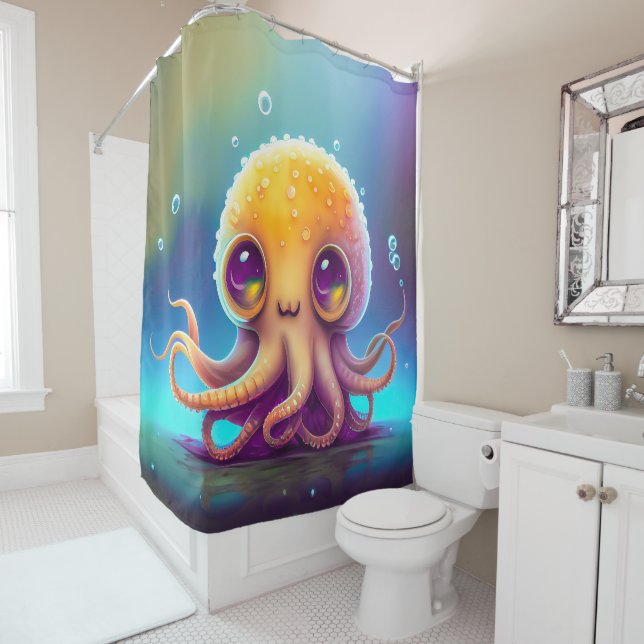 Cute Colourful Yellow Octopus Alien Artwork | Shower Curtain (In Situ)