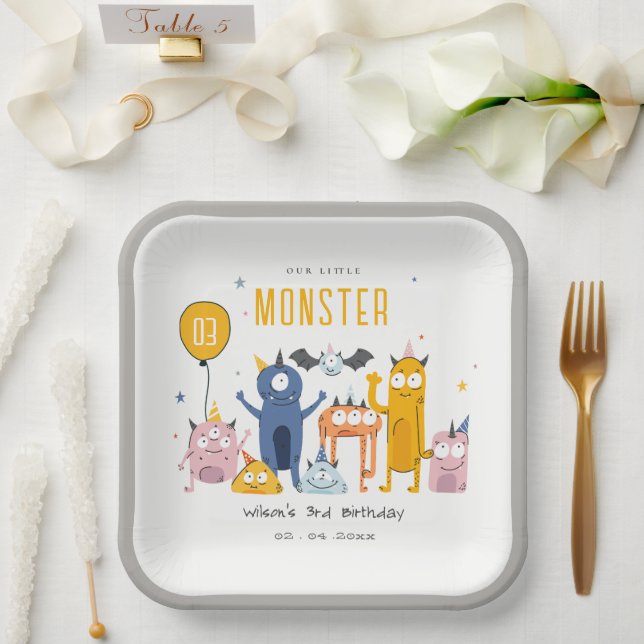 Cute Colourful Yellow Party Monsters Kids Birthday Paper Plate (Wedding)