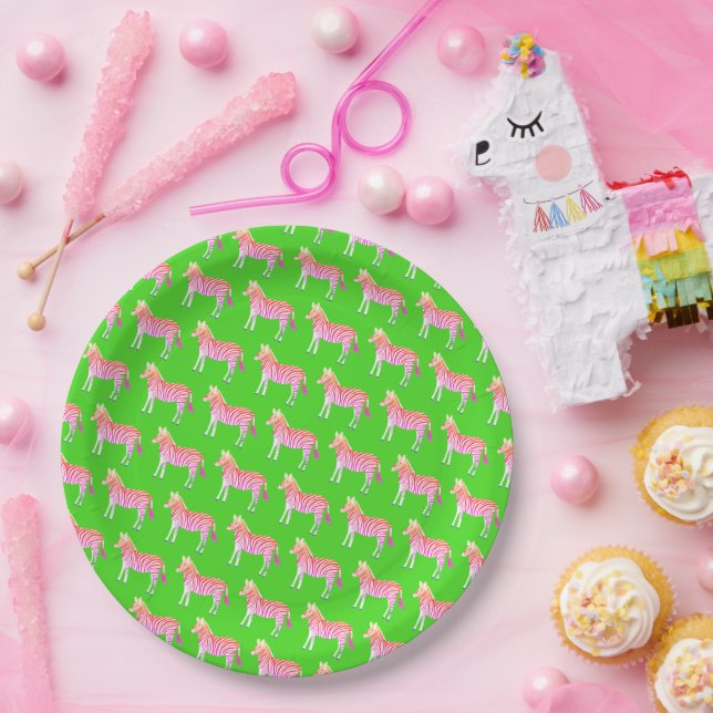 Cute Colourful Zebras Pink Lime Green Baby Shower  Paper Plate (Party)