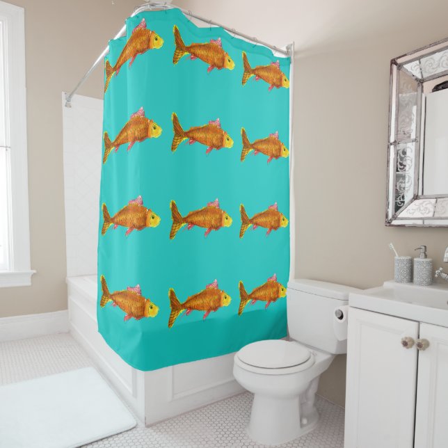 Cute comet goldfish pop art illustration shower curtain (In Situ)