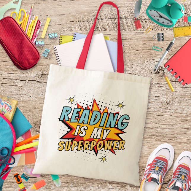 Cute Comic Book Style Reading is my Superpower Tote Bag (Creator Uploaded)
