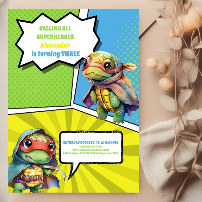 Cute Comic Book Turtles Superhero Boy Birthday  Invitation (Creator Uploaded)