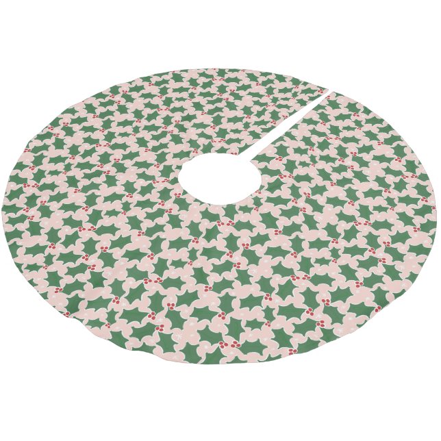 Cute Common Holly Leaves pattern Christmas Pink Brushed Polyester Tree Skirt (Angled)