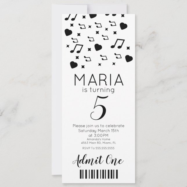 Cute Concert Music   Ticket Style Party  Invitation (Front)