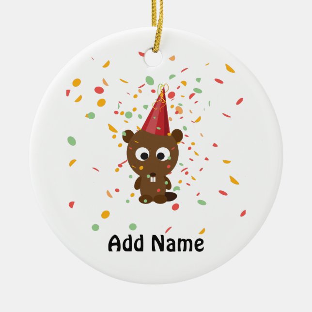Cute Confetti Party Beaver Ceramic Tree Decoration (Front)