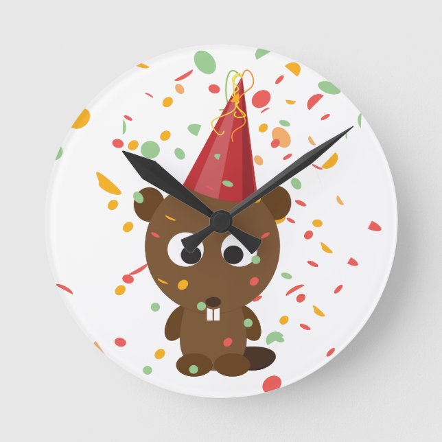 Cute Confetti Party Beaver Round Clock (Front)