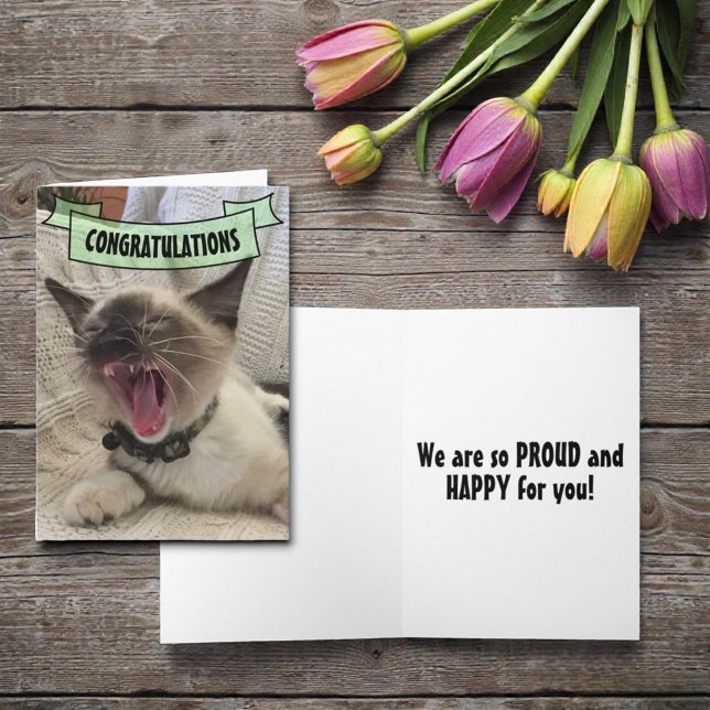 Cute Congratulations Shouting Siamese Kitten Photo Card (Funny cat cover template greeting card. )