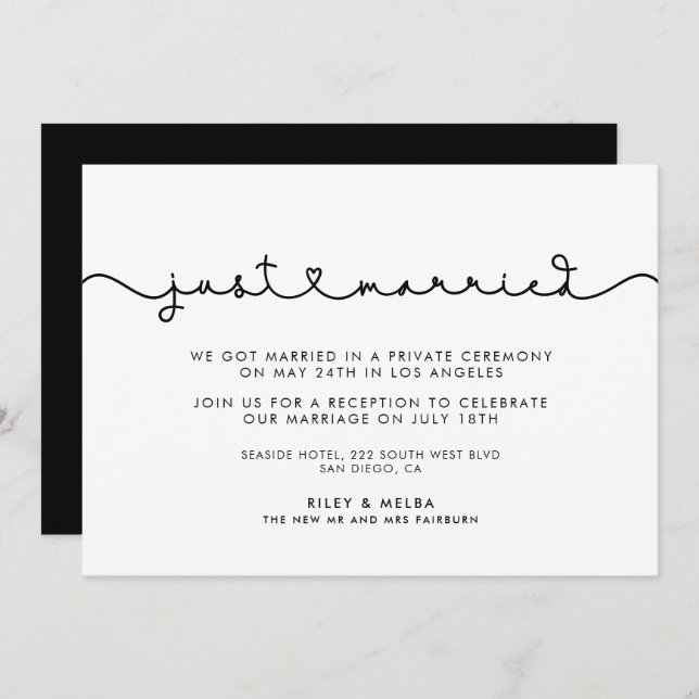 Cute connecting heart font Just married Invitation (Front/Back)