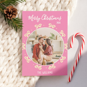 Cute Conquette Pink Bow Holiday Custom Photo Card