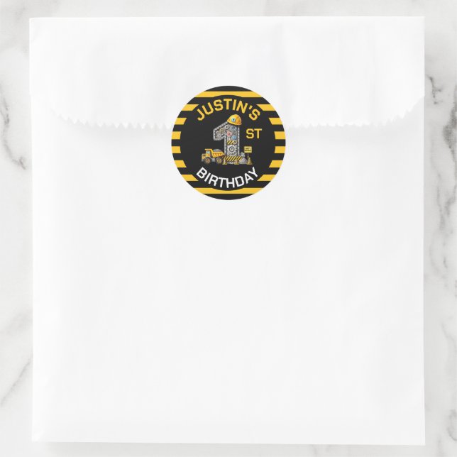 Cute Construction 1st Birthday Classic Round Sticker (Bag)