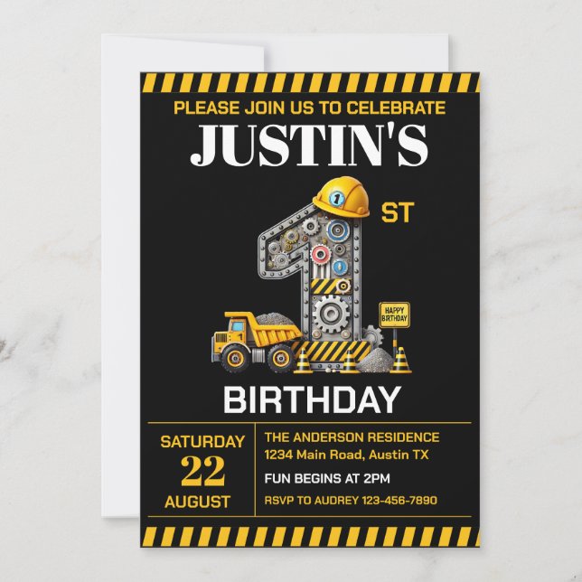 Cute Construction 1st Birthday Party Invitation (Front)