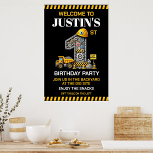 Cute Construction 1st Birthday Party Poster