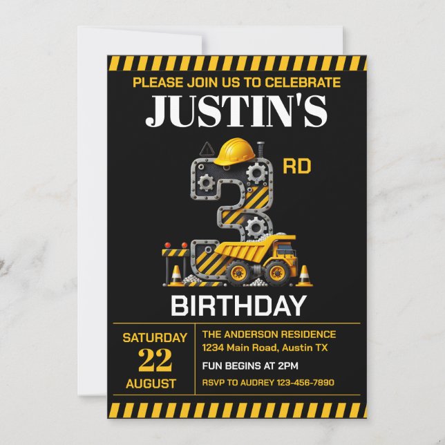 Cute Construction 3rd Birthday Party Invitation (Front)