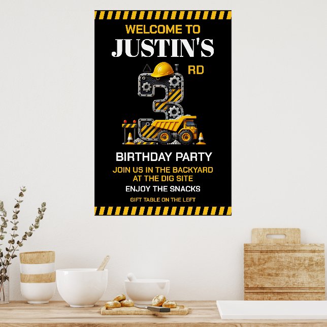 Cute Construction 3rd Birthday Party Poster (Kitchen)