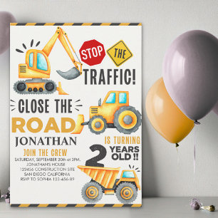 Cute Construction Birthday Party 2th Years Invitation