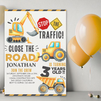Cute Construction Birthday Party 3th Years Invitation