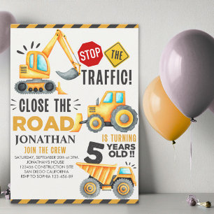 Cute Construction Birthday Party 5th Years Invitation