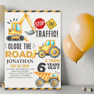 Cute Construction Birthday Party 6th Years Invitation