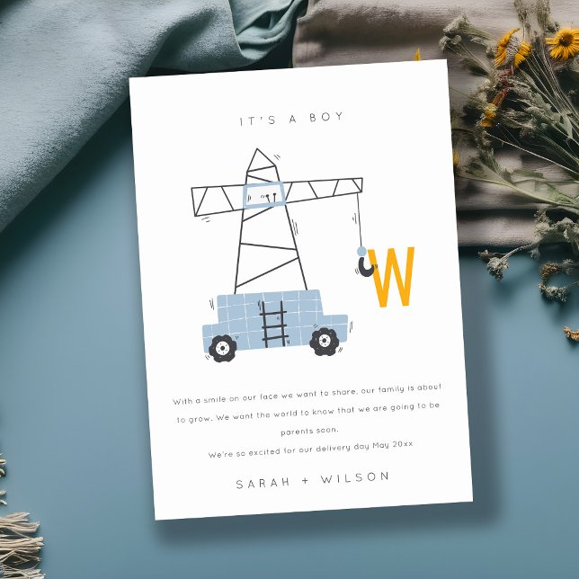 Cute Construction Crane Boy's Baby Announcement (Creator Uploaded)