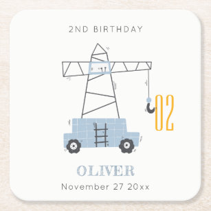 Cute Construction Crane Kids Any Age Birthday Square Paper Coaster