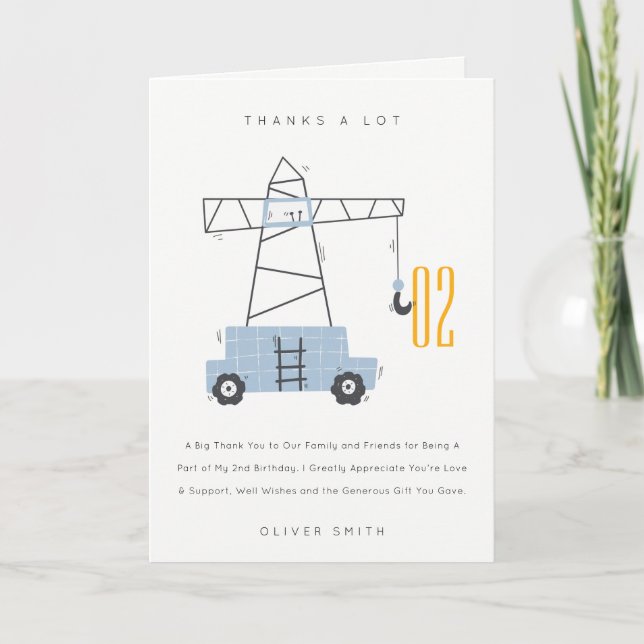 Cute Construction Crane Kids Any Age Birthday Thank You Card (Front)