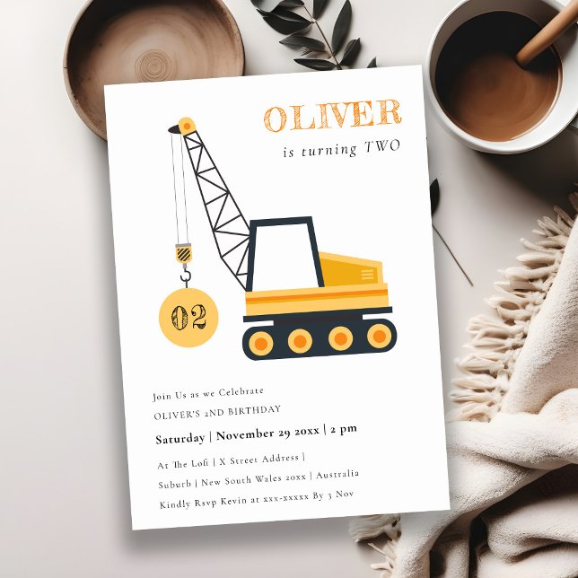 Cute Construction Crane Vehicle Any Age Birthday Invitation (Creator Uploaded)