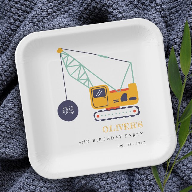 Cute Construction Crane Vehicle Any Age Birthday Paper Plate (Creator Uploaded)