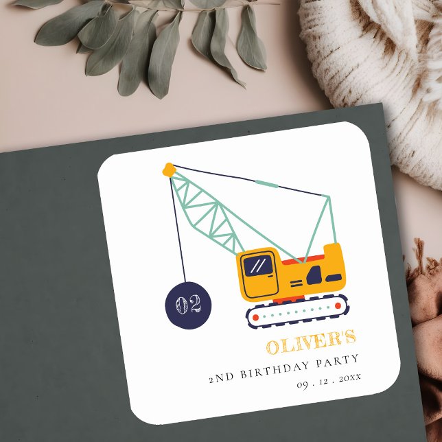 Cute Construction Crane Vehicle Any Age Birthday Square Sticker (Creator Uploaded)