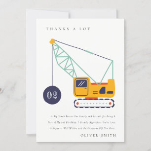 Cute Construction Crane Vehicle Any Age Birthday Thank You Card