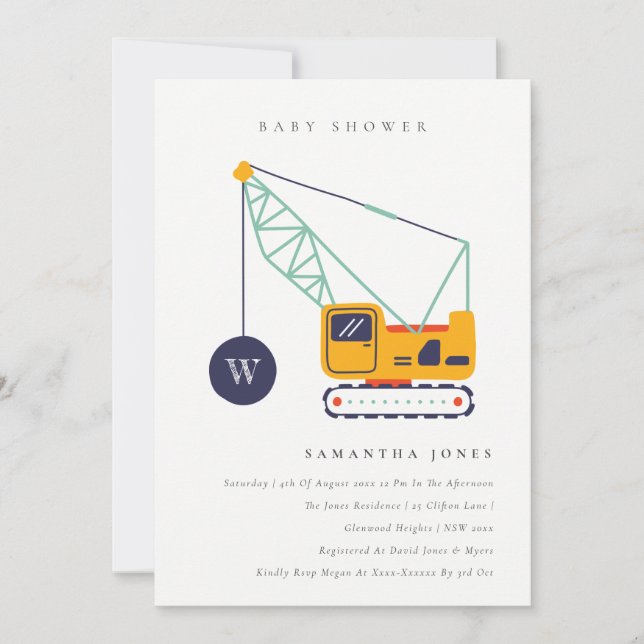 Cute Construction Crane Vehicle Baby Shower Invite (Front)
