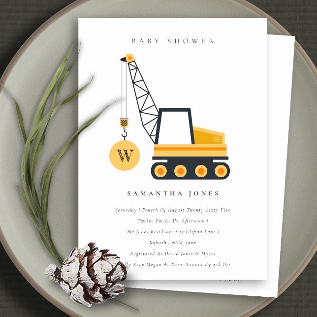 Cute Construction Crane Vehicle Baby Shower Invite (Creator Uploaded)