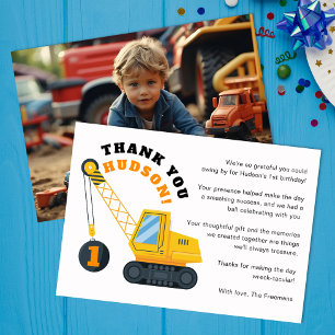 Cute Construction Crane Vehicle Birthday Party Thank You Card