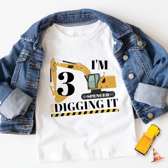 Cute Construction Digger Truck 3rd Birthday Party Toddler T-Shirt (Cute construction theme I'm 3 and Digging It custom name 3rd birthday boy party digger t-shirt)