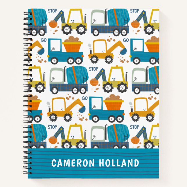 Cute Construction Diggers Personalised  Notebook (Front)