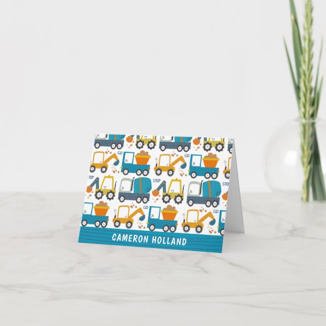 Cute Construction Diggers Personalised Stationery Note Card (Front)